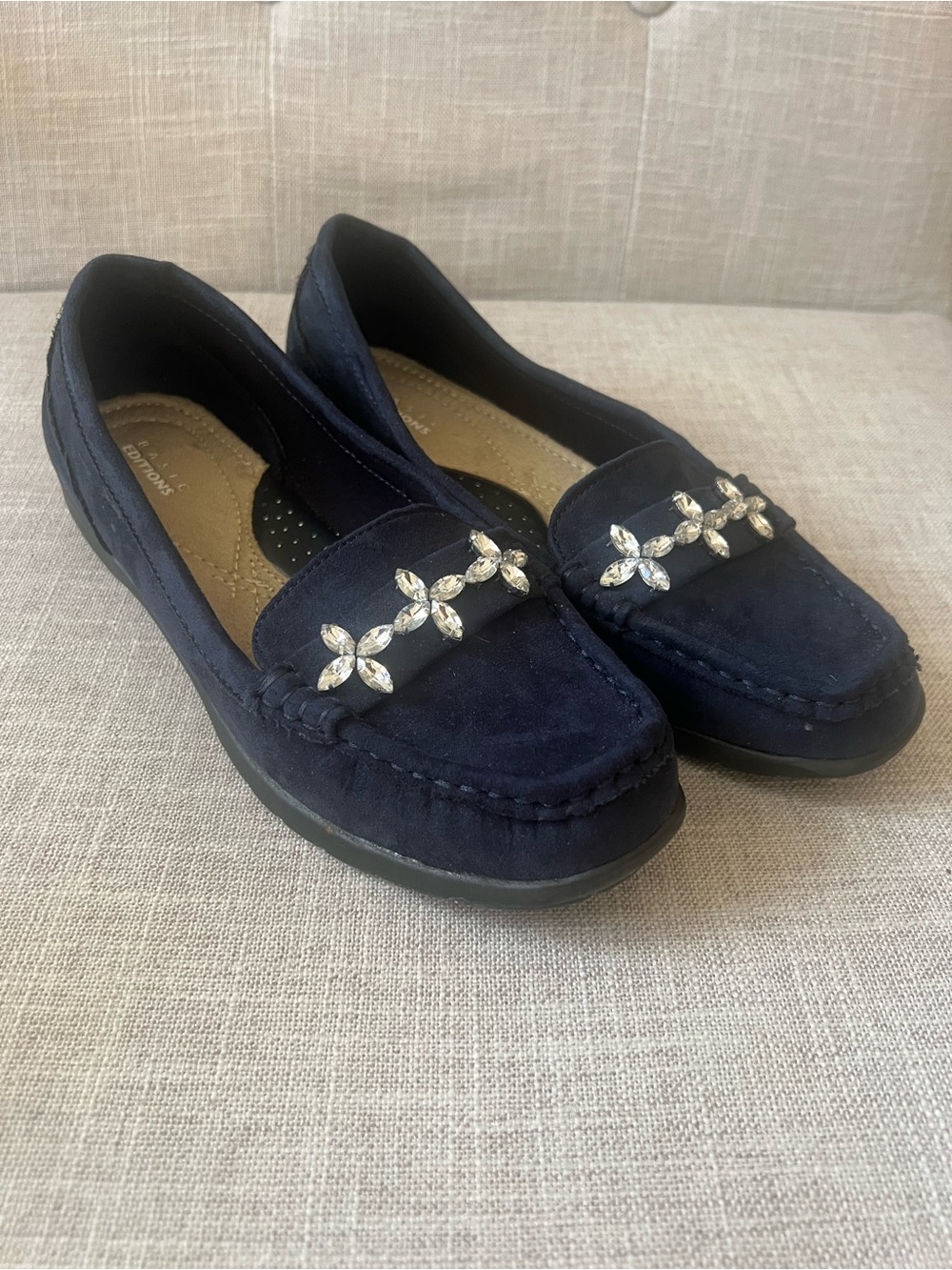 Basic Editions Classic Navy Suede Jeweled Loafers, women’s size 8